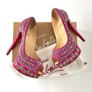 Christian Louboutin Bollywood 150 Hot Pink Crystals Peep Toe Pumps Women’s 38.5